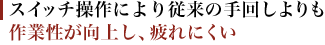 スイッチ操作により従来の手回しよりも作業性が向上し、疲れにくい